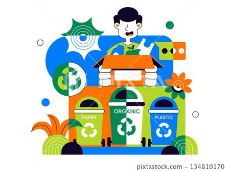 Waste Sorting and Recycling Concept Vector Illustration Showing Sustainable Environmental Management And Eco Friendly Practices in a Background Waste Sorting and Recycling Concept Vector Illustration Showing Sustainable Environmental Management And Eco Friendly Practices in a Background 134810170