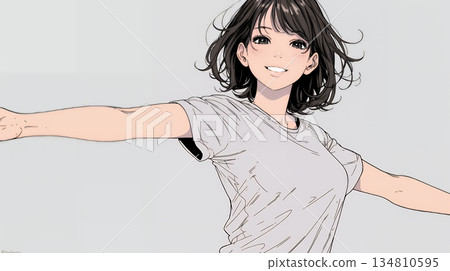 一位年輕女子張開雙臂，做出歡迎/驚訝的姿態。 134810595