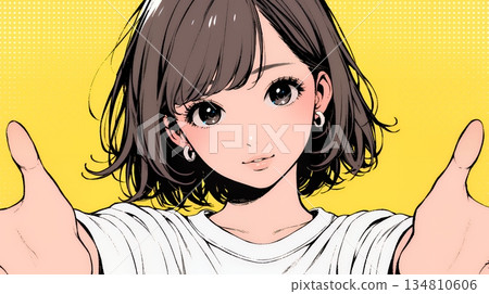 一位年輕女子張開雙臂，做出歡迎/驚訝的姿態。 134810606