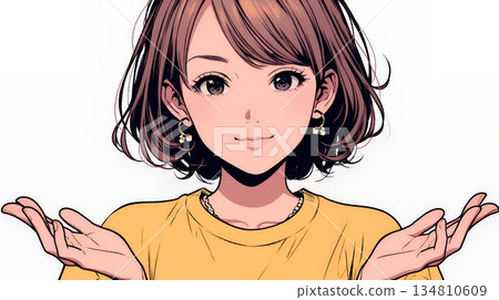 A young woman with her arms outstretched in a welcoming/surprised gesture 134810609