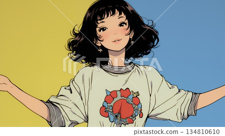 一位年輕女子張開雙臂，做出歡迎/驚訝的姿態。 134810610