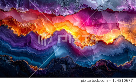 vibrant abstract image resembling a polished agate, geode slice, featuring dynamic, flowing layers of deep blue, purple, pink, orange, and yellow hues, elegant, glossy gold accents, modern texture 134810677
