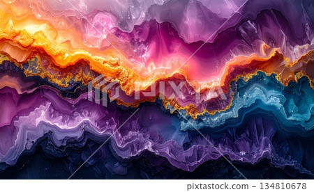 vibrant abstract image resembling a polished agate, geode slice, featuring dynamic, flowing layers of deep blue, purple, pink, orange, and yellow hues, elegant, glossy gold accents, modern texture 134810678
