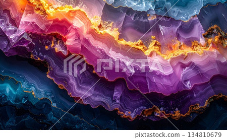 vibrant abstract image resembling a polished agate, geode slice, featuring dynamic, flowing layers of deep blue, purple, pink, orange, and yellow hues, elegant, glossy gold accents, modern texture 134810679