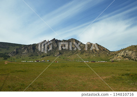 Mongolian steppes and blue sky Mongolian steppes and blue sky 134810716