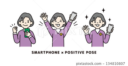 一組老年女性手持智慧型手機的正向姿勢向量插圖素材（彩色）。 134810807