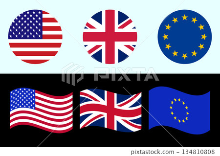 USA, UK, and European Union Flags Vector Collection Round Icons and Waving Banners. USA, UK, and European Union Flags Vector Collection Round Icons and Waving Banners. 134810808