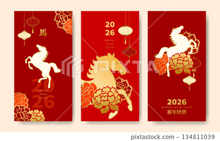 Set of vector Year of the Horse zodiac card design 134811039