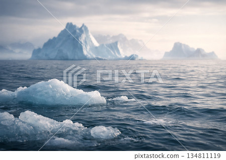 AI generated polar seascape featuring drifting ice and distant icebergs under soft pastel skies. The tranquil water and icy textures create a serene and expansive atmosphere. 134811119