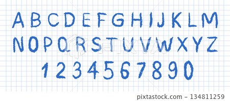English alphabet crayon. Funky font with rough scribble details for playful look and for creative headlines or educational materials. Vector illustration 134811259