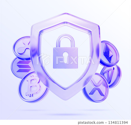 3d glass holographic shield with padlock and cryptocurrency coins. Crypto security, secure digital asset, data and transaction protection, cryptographic key encryption, cyber privacy. 3D illustration 134811394