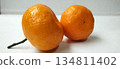 Two bright oranges placed on a clean white background. 134811402