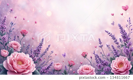 美麗的夢幻花卉圖案和時尚的背景框 134811667