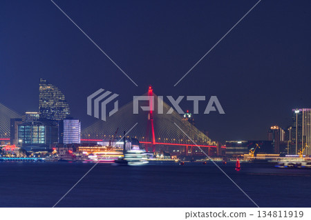 中國上海黃浦江上的楊浦大橋夜景 中國上海黃浦江上的楊浦大橋夜景 134811919