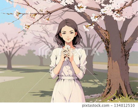 Woman holding cherry blossoms 134812510
