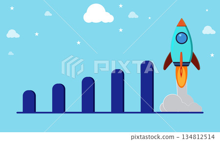 Startup Growth Concept With Rocket Launching From Increasing Bar Chart Illustration 134812514