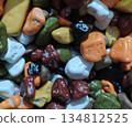 Colorful Assorted Candy Close Up Texture Background with Glossy Sweet Coating 134812525