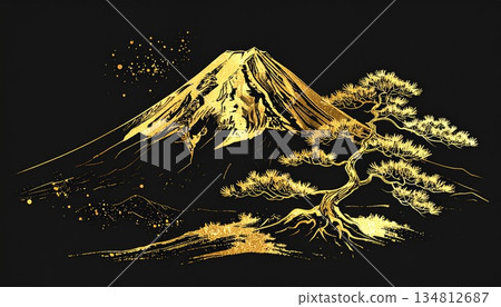 黑色背景上繪有富士山和松樹的金墨畫。吉祥的日式風格背景。 黑色背景上繪有富士山和松樹的金墨畫。吉祥的日式風格背景。 134812687