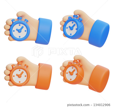 3D hand holding a cute cartoon stopwatch timer 134812906