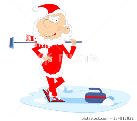 Cartoon Santa Claus plays curling. Winter sport Cartoon Santa Claus plays curling. Winter sport 134812921