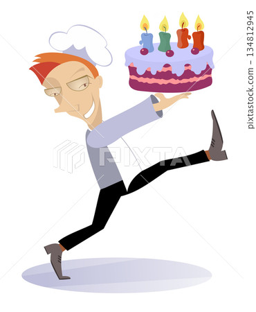 Smiling cook holding a cake with candles on the tray Smiling cook holding a cake with candles on the tray 134812945
