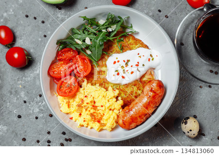 delicious potato pancakes with mushrooms and sausage delicious potato pancakes with mushrooms and sausage 134813060