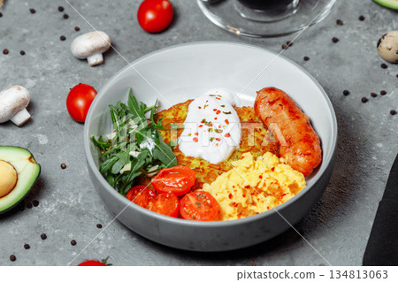 delicious potato pancakes with mushrooms and sausage delicious potato pancakes with mushrooms and sausage 134813063