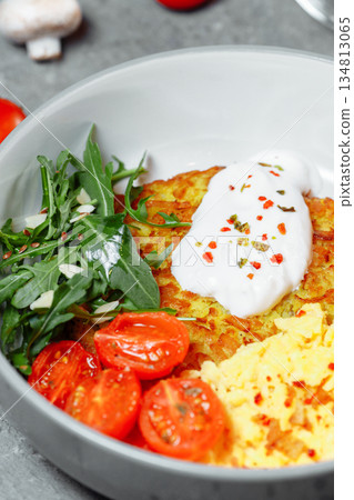 delicious potato pancakes with mushrooms and sausage delicious potato pancakes with mushrooms and sausage 134813065