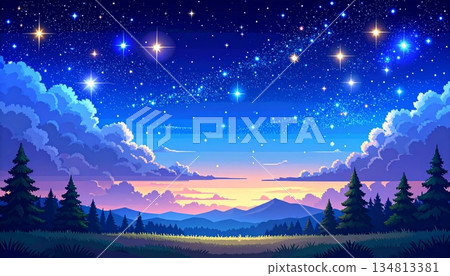 Fantasy pixel art illustration of a starry night sky and forest 134813381