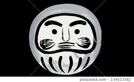 A refined silver dharma ink painting on a black background symbolizing good fortune 134813382