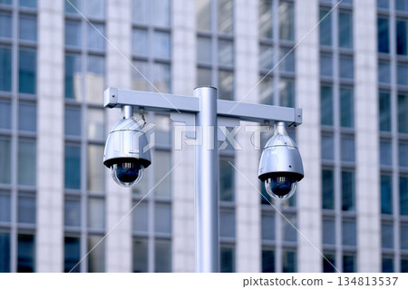 Tokyo cityscape in Japan at the end of the year... Security camera on a street corner. Tokyo Station (Nihonbashi Exit), security camera near the sidewalk of the bus lot. Tokyo cityscape in Japan at the end of the year... Security camera on a street corner. Tokyo Station (Nihonbashi Exit), security camera near the sidewalk of the bus lot. 134813537