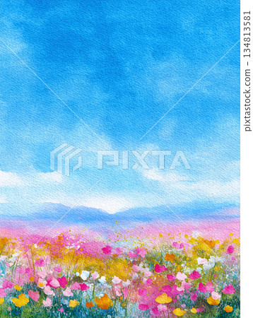 藍天白雲，花朵盛開的田野（人工智慧影像） 134813581