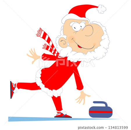 Santa Claus plays curling isolated illustration. Cartoon Santa Claus pushes a stone towards a target isolated on white illustration Santa Claus plays curling isolated illustration. Cartoon Santa Claus pushes a stone towards a target isolated on white illustration 134813599