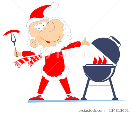 Barbecue and Santa Claus illustration. Comic Santa Claus frying sausages and steaks on the grill isolated on white illustration	 134813601