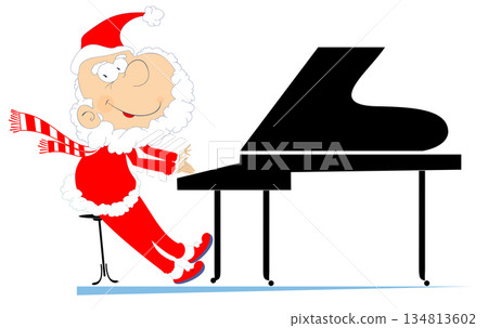 Santa Claus a pianist illustration. Cartoon smiling Santa Claus is playing music on piano and isolated on white illustration Santa Claus a pianist illustration. Cartoon smiling Santa Claus is playing music on piano and isolated on white illustration 134813602