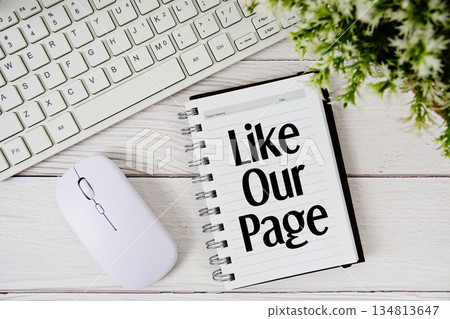 Like Our Page text with keyboard and wireless mouse on wooden background Like Our Page text with keyboard and wireless mouse on wooden background 134813647