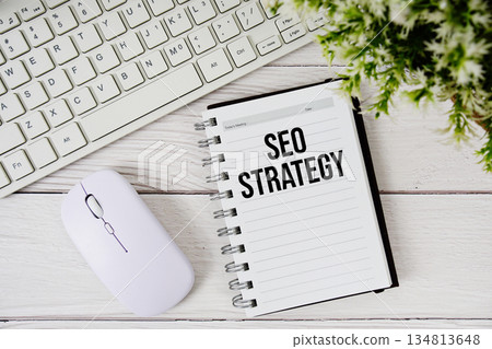 SEO strategy text with keyboard and wireless mouse on wooden background SEO strategy text with keyboard and wireless mouse on wooden background 134813648