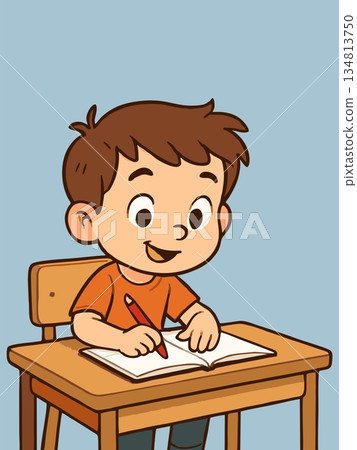 Cartoon illustration of a boy writing at a school desk. Cartoon illustration of a boy writing at a school desk. 134813750