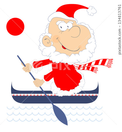 Funny Santa Claus rides on the boat illustration. Cartoon Santa Claus with oar rides on canoe isolated on white illustration	 134813761