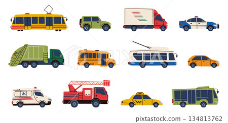 Bright cartoon doodle set of city transport for kids. Cute cars, taxi, tram, bus, trolleybus, ambulance, fire truck, police car, delivery van and garbage truck collection in a playful childlike style 134813762