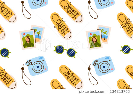 Flat cartoon vector illustration of youth pattern with compact camera, instant photo, sunglasses and sneakers, stylish modern vibe, casual lifestyle theme, seamless design for fashion prints 134813763