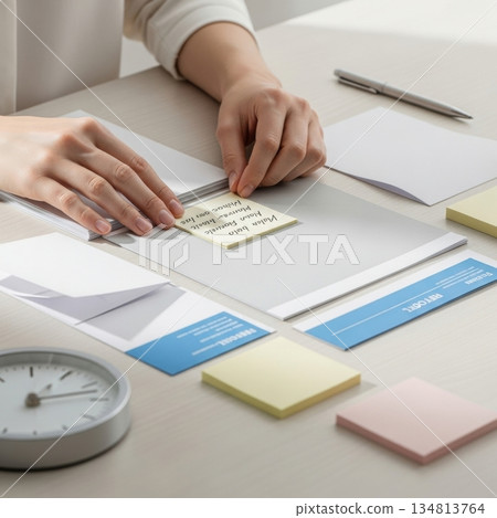 Businessman organizing tasks with sticky notes on office desk 134813764