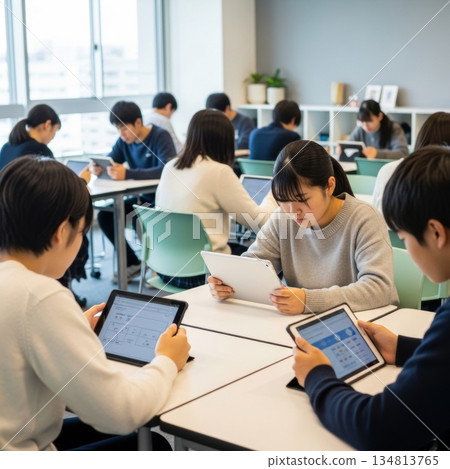 Students using tablets in modern classroom setting 134813765