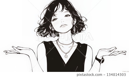 一位年輕女子聳了聳肩，一副困惑和無奈的樣子（色彩簡潔） 134814303