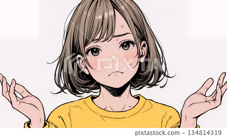 一位年輕女子聳了聳肩，一副困惑而無奈的樣子。 134814319