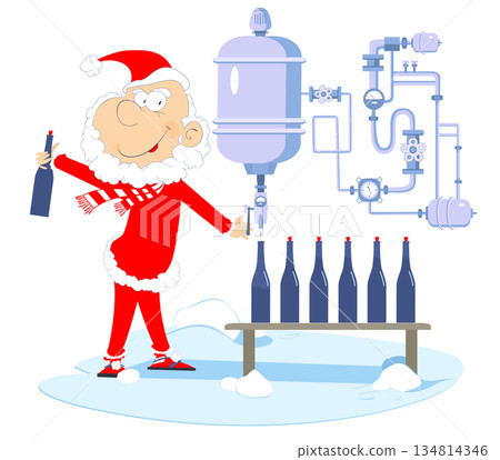 Pipe construction and Santa Claus bottles alcoholic beverages illustration. Pipe construction and smiling worker bottles wine, beer, whiskey or champagne isolated on white Pipe construction and Santa Claus bottles alcoholic beverages illustration. Pipe construction and smiling worker bottles wine, beer, whiskey or champagne isolated on white 134814346