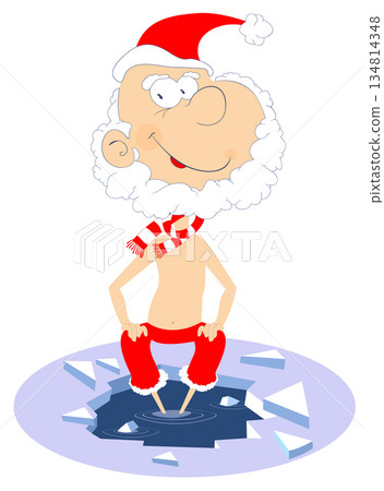 Santa Claus winter swimming illustration. Santa Claus sitting on the edge of the ice hole and puts legs into the water isolated in white	 134814348