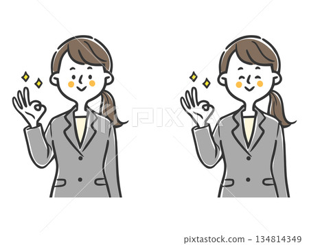 女性上班族做出OK手勢，上半身，向量圖 134814349