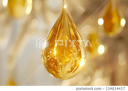 Close-up 3D render single drop of shiny yellow oil Close-up 3D render single drop of shiny yellow oil 134814417