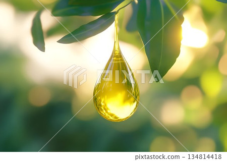 Close-up 3D render single drop of shiny yellow oil 134814418